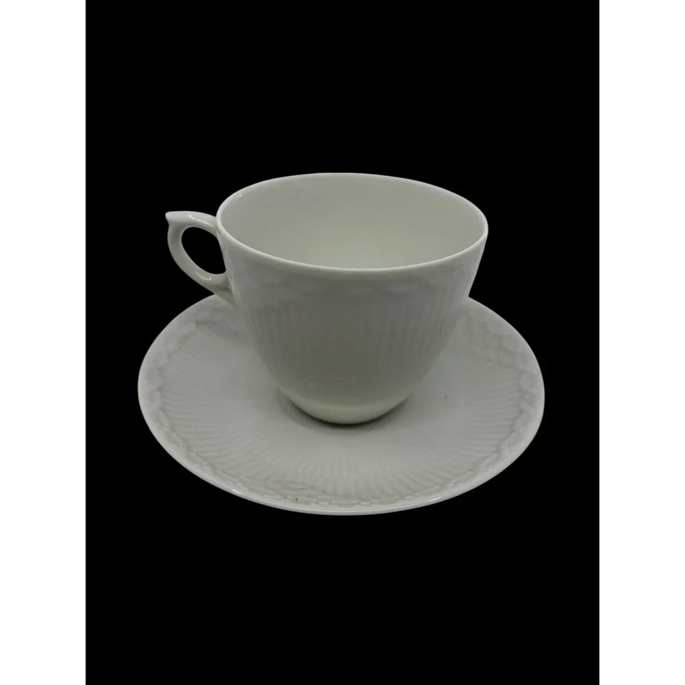 Royal Copenhagen White Half Lace Tea Cup and Saucer Set Fluted Porcelain Denmark